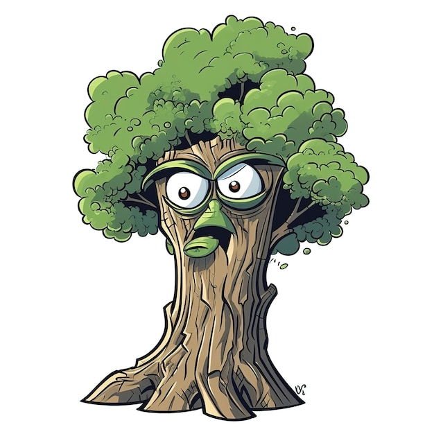 Een cartoon van een boom met een gezicht en een groen blad.