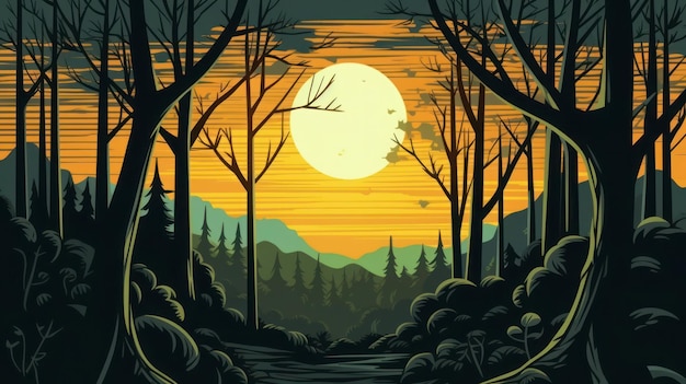 Een cartoon van een bos met een zonsondergang op de achtergrond.