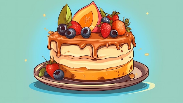 Een cartoon van een cake met een plakje fruit erop