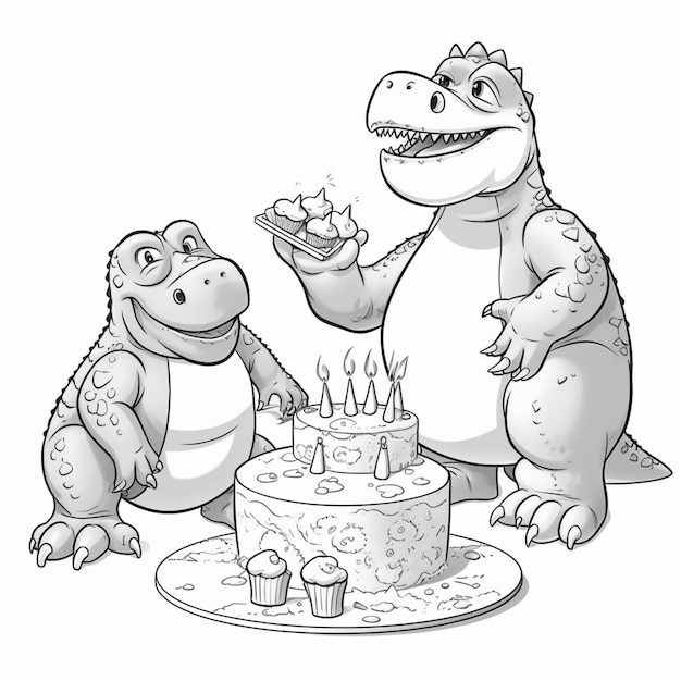 Een cartoon van een dinosaurus die een cake vasthoudt met een cake erop