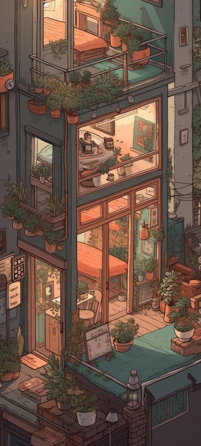 Een cartoon van een gebouw met een balkon en een bord met 'huis erop'