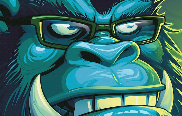 een cartoon van een gorilla met een bril en een masker met de mond open