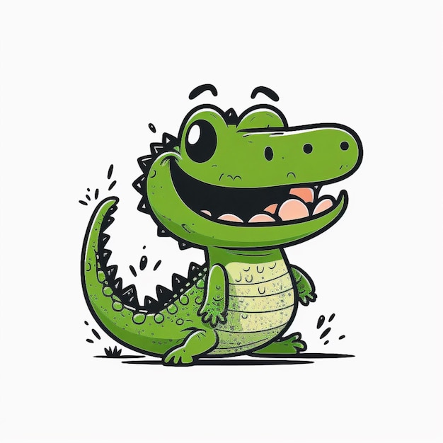 Foto een cartoon van een groene alligator met een grote glimlach op zijn gezicht.