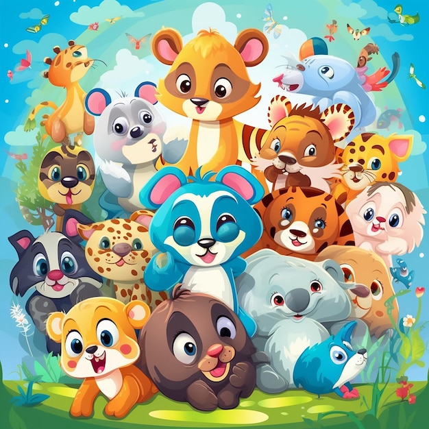 een cartoon van een groep dieren met een blauwe achtergrond.