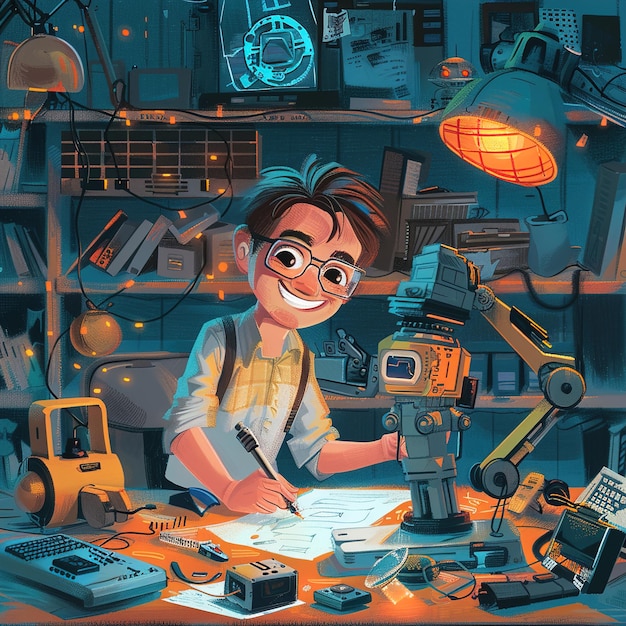 een cartoon van een jongen die aan een computer werkt met een robot op de achtergrond