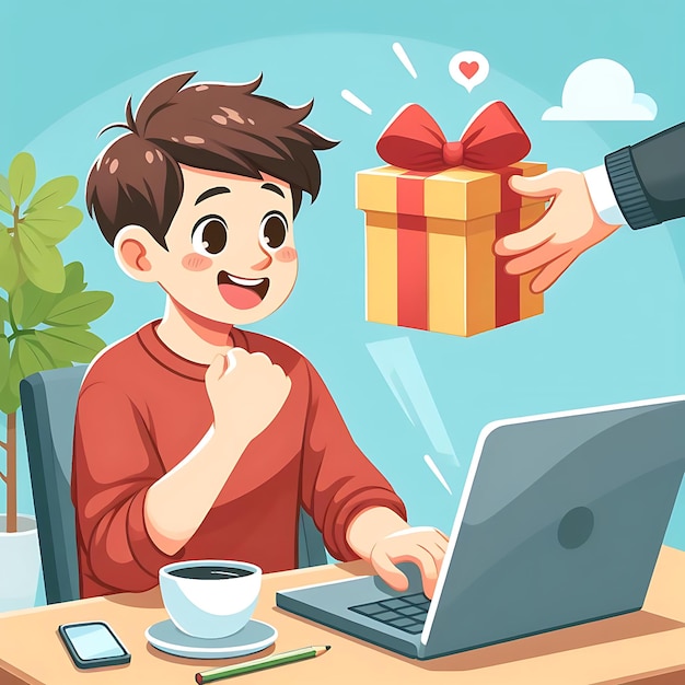 een cartoon van een jongen die een geschenk geeft aan een man met een laptop