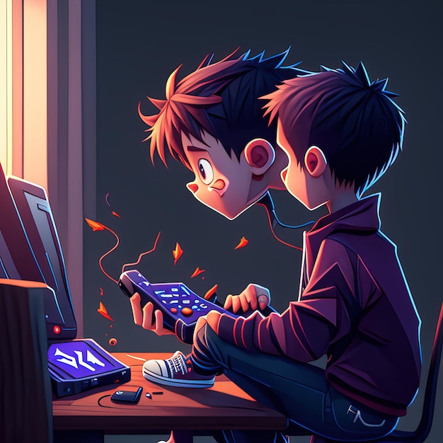 Een cartoon van een jongen die met een afstandsbediening speelt.