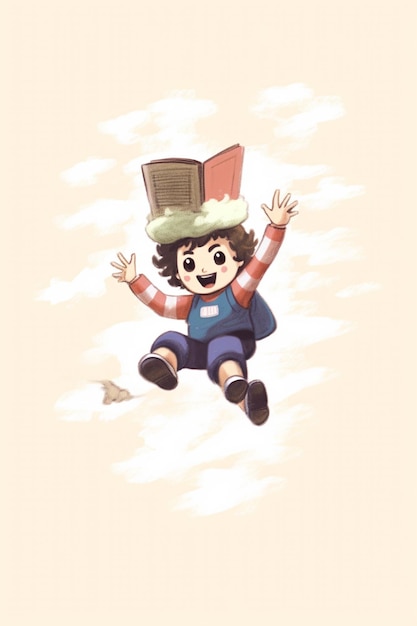 een cartoon van een jongen die springt met een hoed op zijn hoofd