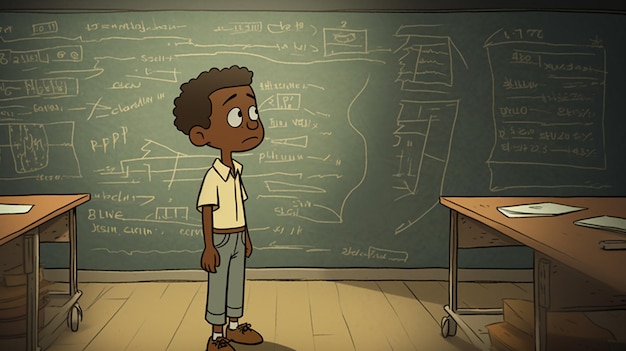 Een cartoon van een jongen in een klaslokaal met een schoolbord waarop 'wiskunde' staat