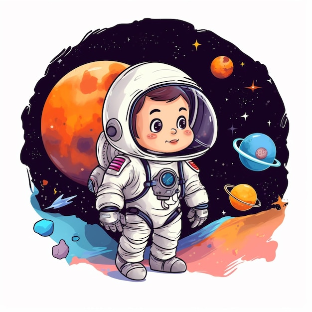 Een cartoon van een jongen in een ruimtepak