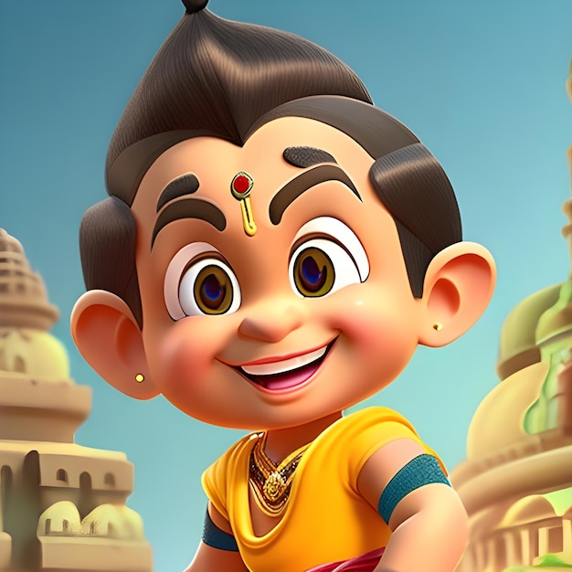 Een cartoon van een jongen met een geel shirt waarop 'mahatma' staat