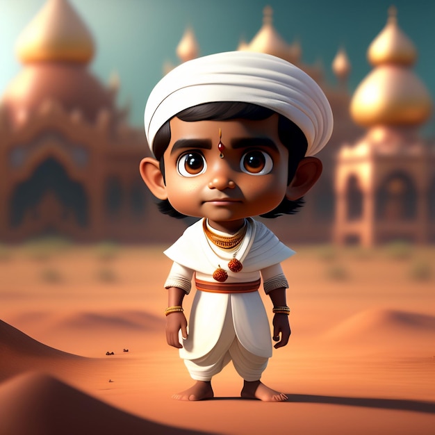 Een cartoon van een jongen met een witte tulband staat voor een woestijnlandschap.