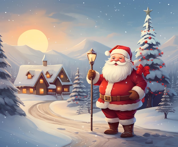 een cartoon van een kerstman die een lamp vasthoudt voor een besneeuwd landschap