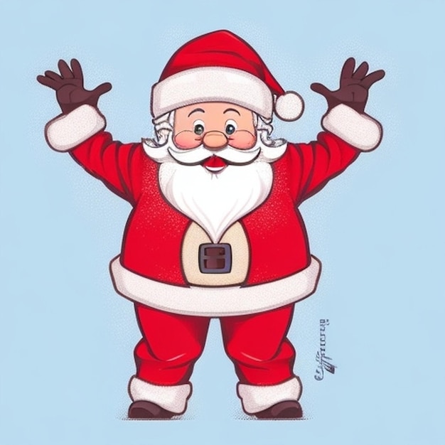een cartoon van een kerstman met armen omhoog.
