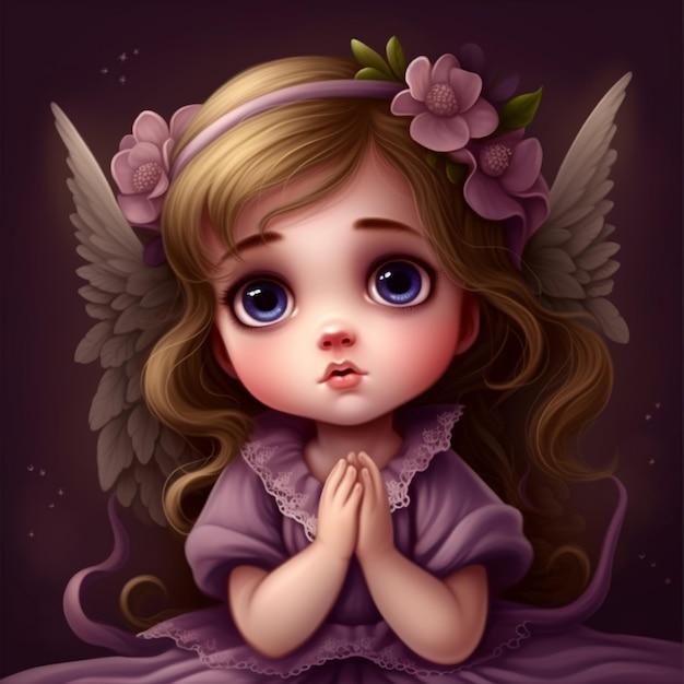 Een cartoon van een kleine engel met paarse jurk en paarse bloemen.