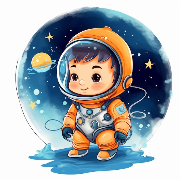 Een cartoon van een kleine jongen in een oranje ruimtepak