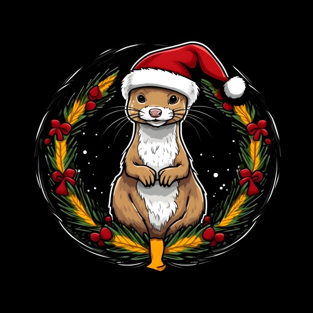Een cartoon van een knaagdier met een kerstmuts en een krans