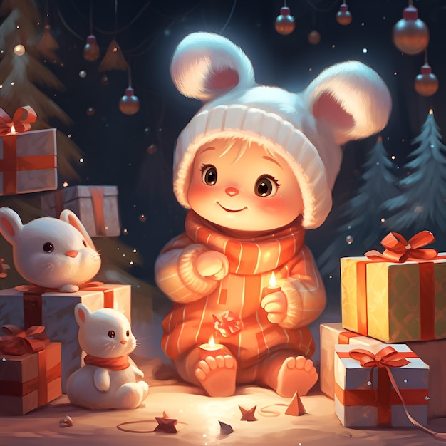Een cartoon van een knuffeldier met een hoed en een konijn voor een kerstboom