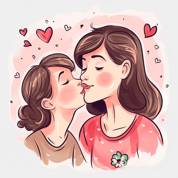 Een cartoon van een kussende moeder en dochter.