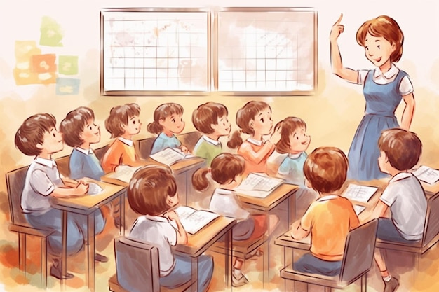 Een cartoon van een lerares met een kaart aan de muur achter haar.