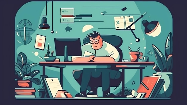 Een cartoon van een man die aan een bureau zit met een computer en een heleboel spullen aan de muur.