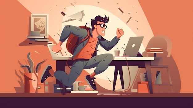 Een cartoon van een man die voor een bureau rent met een laptop en een stapel papieren.