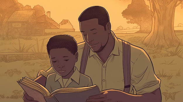 Een cartoon van een man en een jongen die een boek lezen