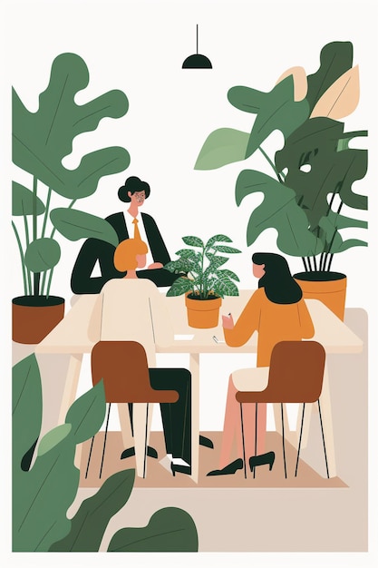 Een cartoon van een man en een vrouw die aan een tafel zitten met planten eromheen.