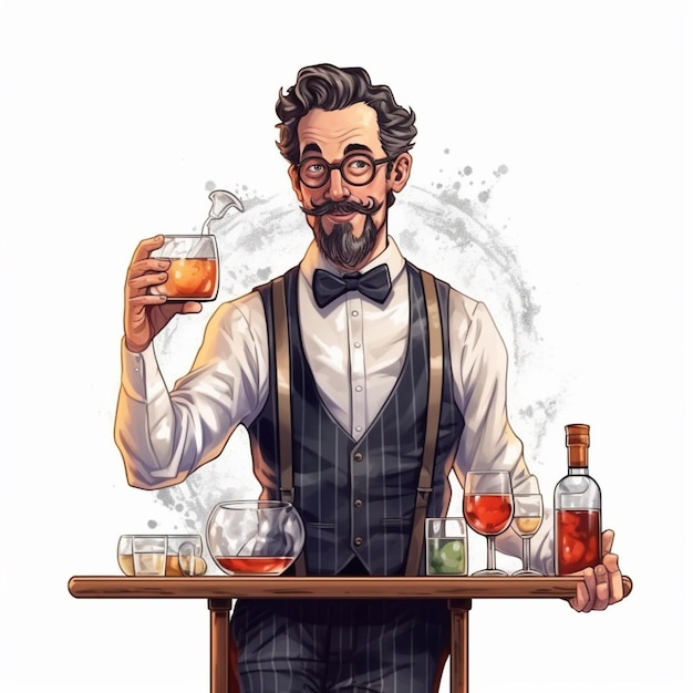 Foto een cartoon van een man met een glas alcohol en een fles generatieve ai
