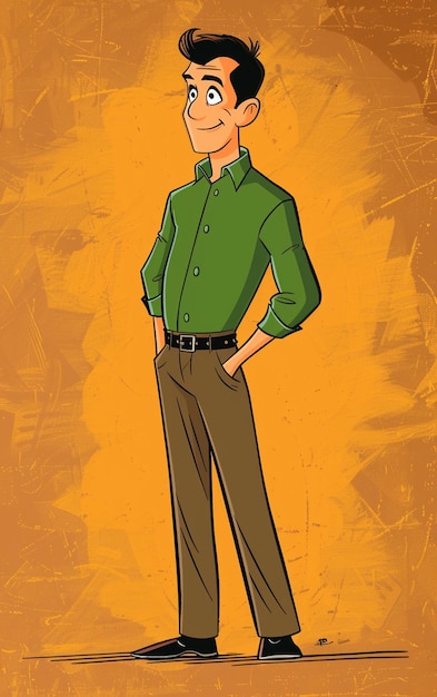 een cartoon van een man met een groen shirt