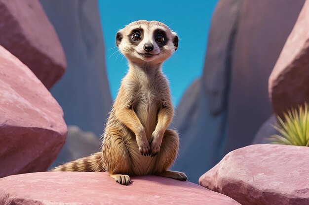 Een cartoon van een meerkat op een roze rots