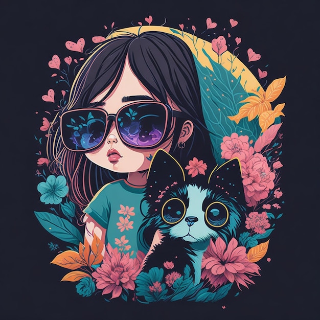 Een cartoon van een meisje dat een zonnebril draagt en een kat voor bloemen houdt.