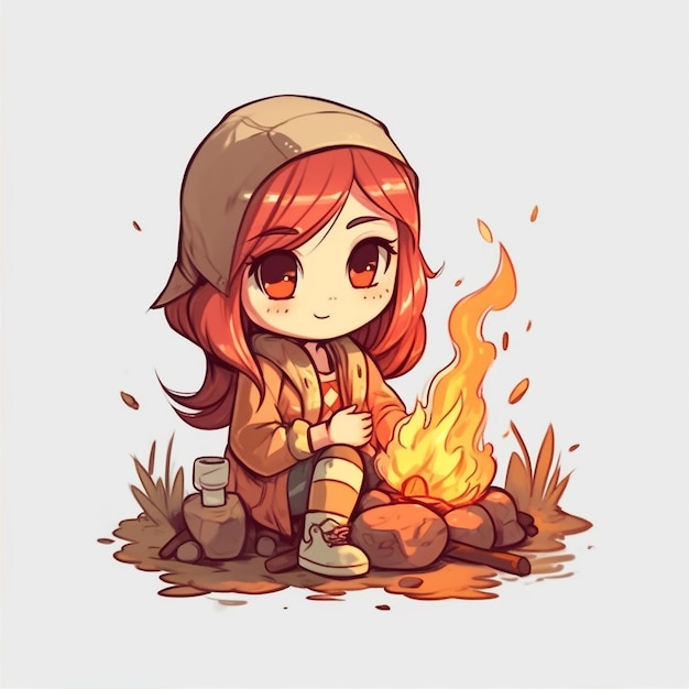 Een cartoon van een meisje dat naast een kampvuur zit.