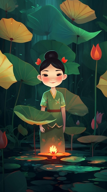Een cartoon van een meisje dat naast een vuurplaats staat.
