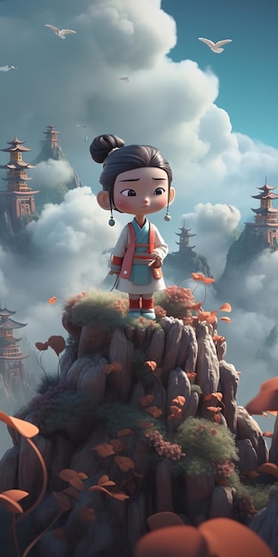 Een cartoon van een meisje dat op een berg in de lucht staat