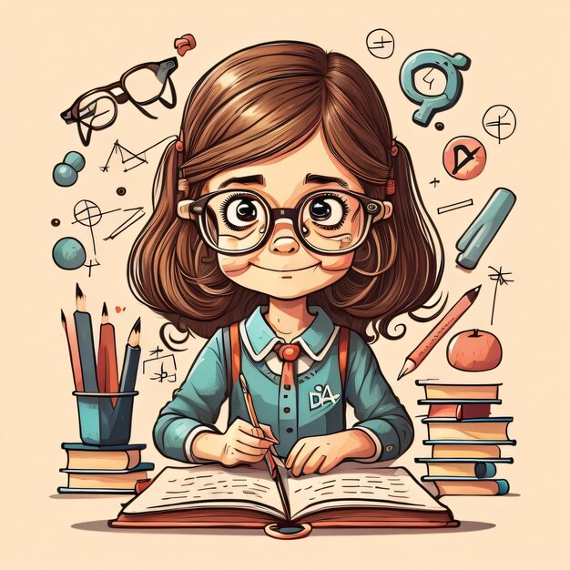 Een cartoon van een meisje met een bril die een boek leest.