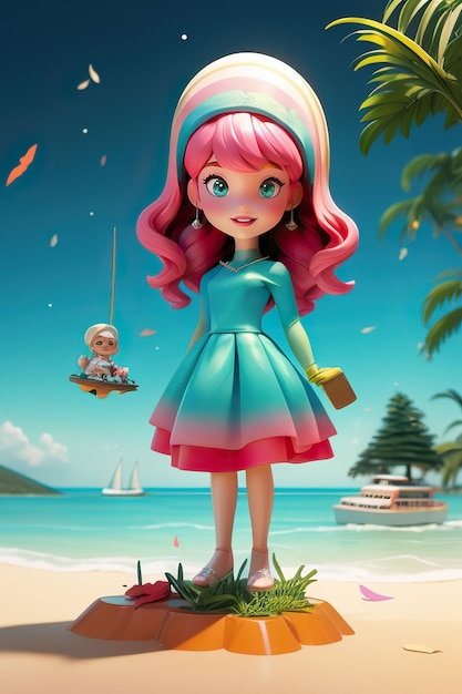 een cartoon van een meisje met een hoed aan en een speelgoed op de achtergrond.
