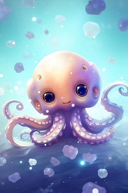 een cartoon van een octopus met blauwe ogen en een blauwe achtergrond.