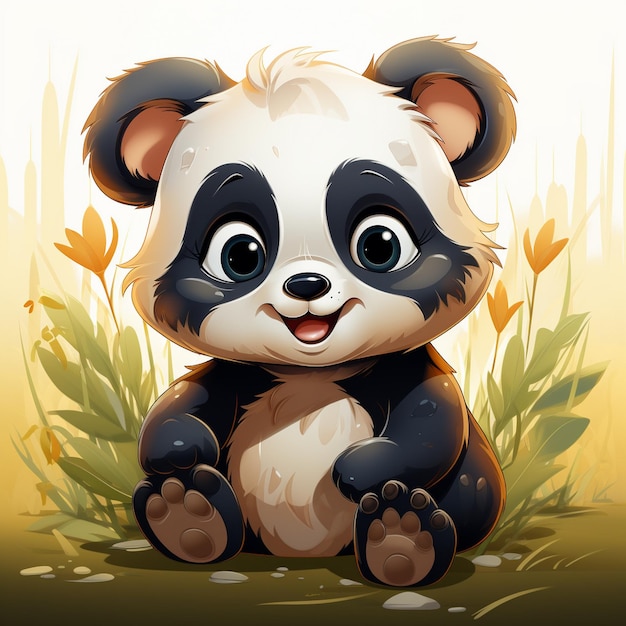 Een cartoon van een panda met een gele achtergrond.