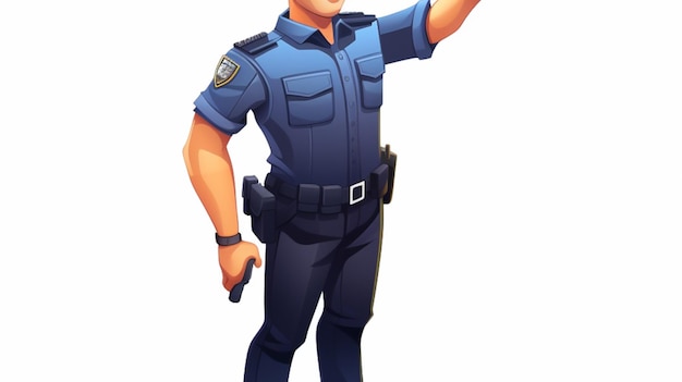 Een cartoon van een politieagent met een pistool dat naar rechts wijst.