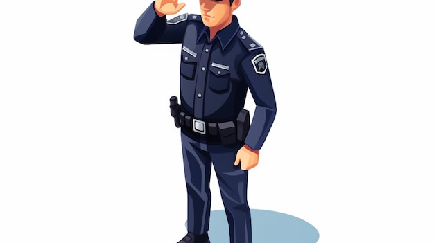 Een cartoon van een politieagent met zijn hand omhoog.
