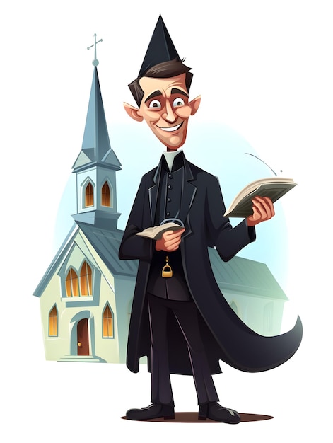 Een cartoon van een priester met een boek en een kerktoren.