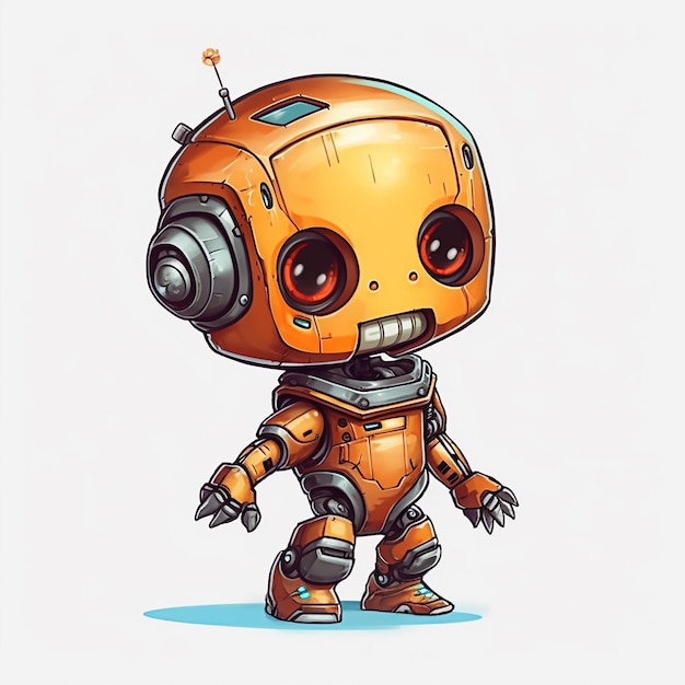 Een cartoon van een robot met oranje ogen staat op een witte achtergrond.