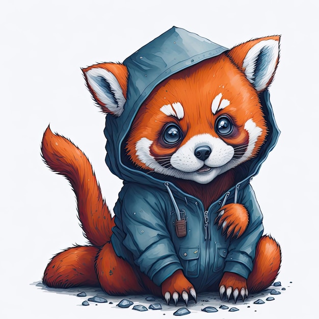 Een cartoon van een rode panda die een hoodie draagt met het woord panda erop.