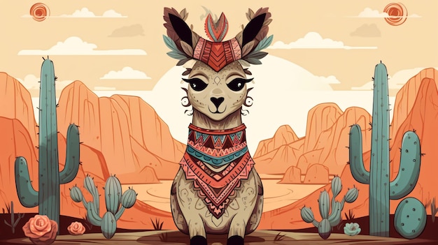 Een cartoon van een schattige lama in een stamomgeving