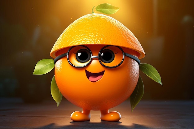 Een cartoon van een sinaasappel met een bril en een glimlach.