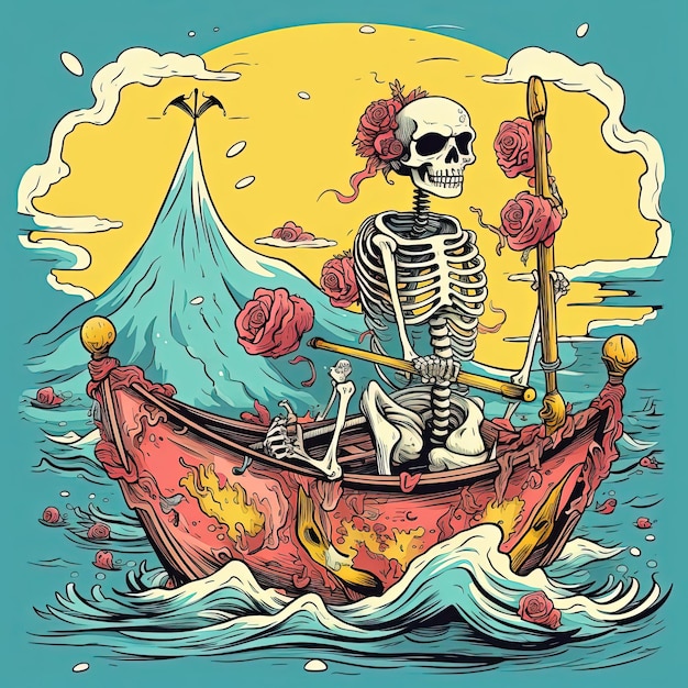 een cartoon van een skelet dat op een boot op een strand rijdt in de stijl van lichtcyaan en geel