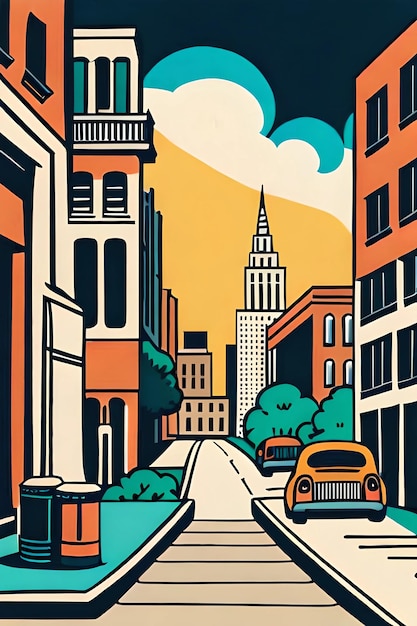 Een cartoon van een straat in de stad waar een auto doorheen rijdt.