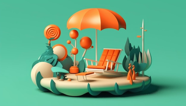 Een cartoon van een strand met een oranje stoel en een boom.