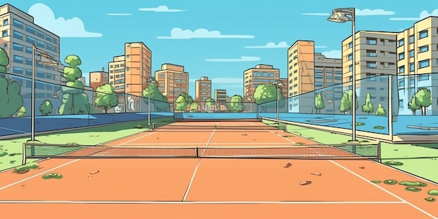 Een cartoon van een tennisbaan met een hek ervoor met de tekst 'tennis'